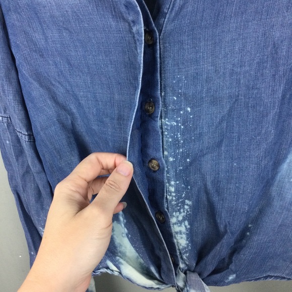 Love & Grace Bleach Splatter Split Neck Flare Sleeve Tie Waist Chambray Top - Picture 6 of 10